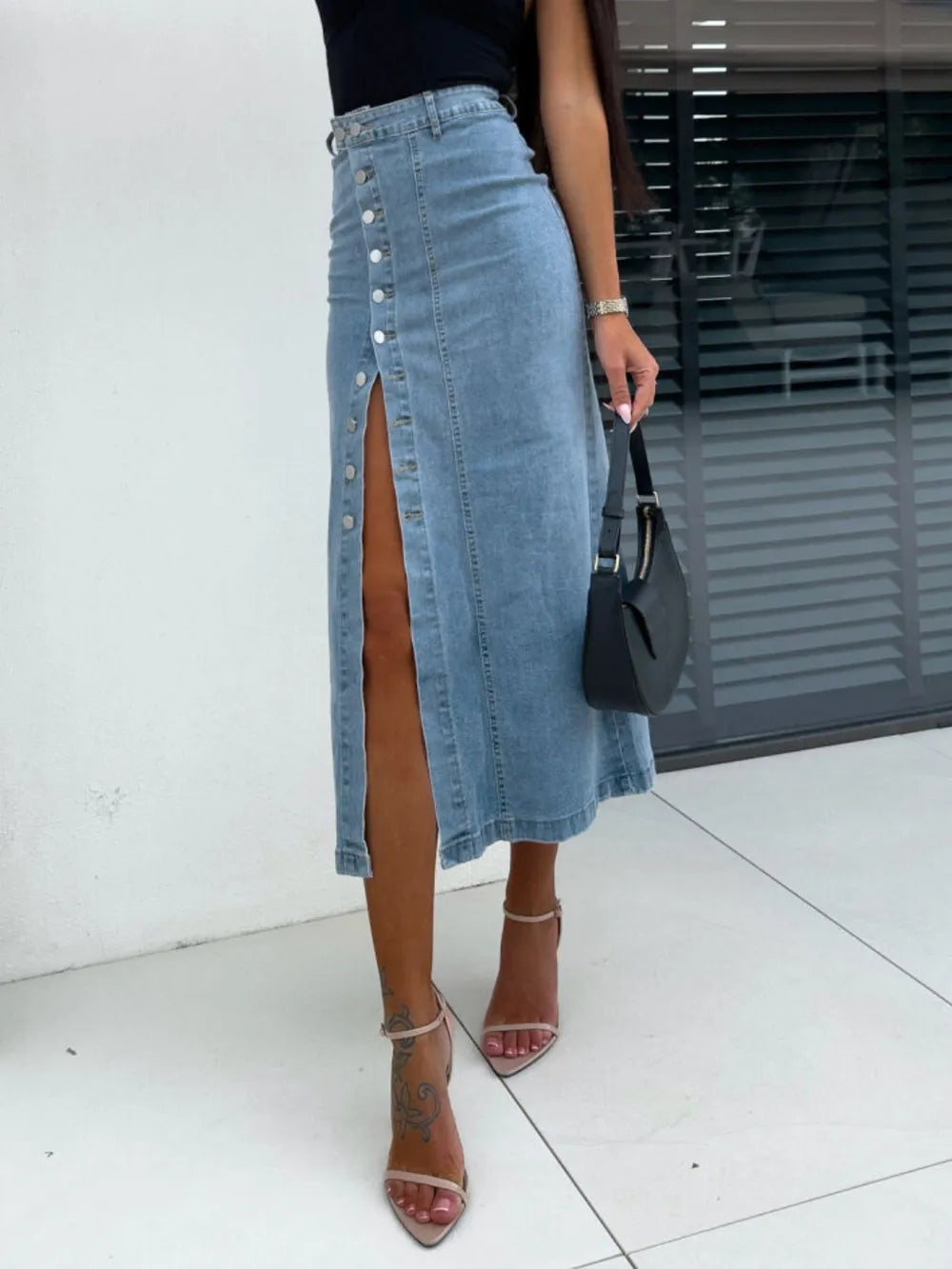 Front Button Slit Midi Denim Skirt - cas7m