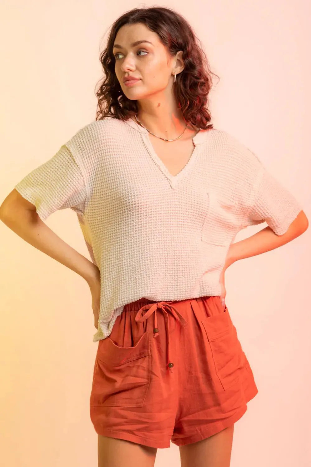 Waffle-Knit Notched Half Sleeve T-Shirt - cas7m