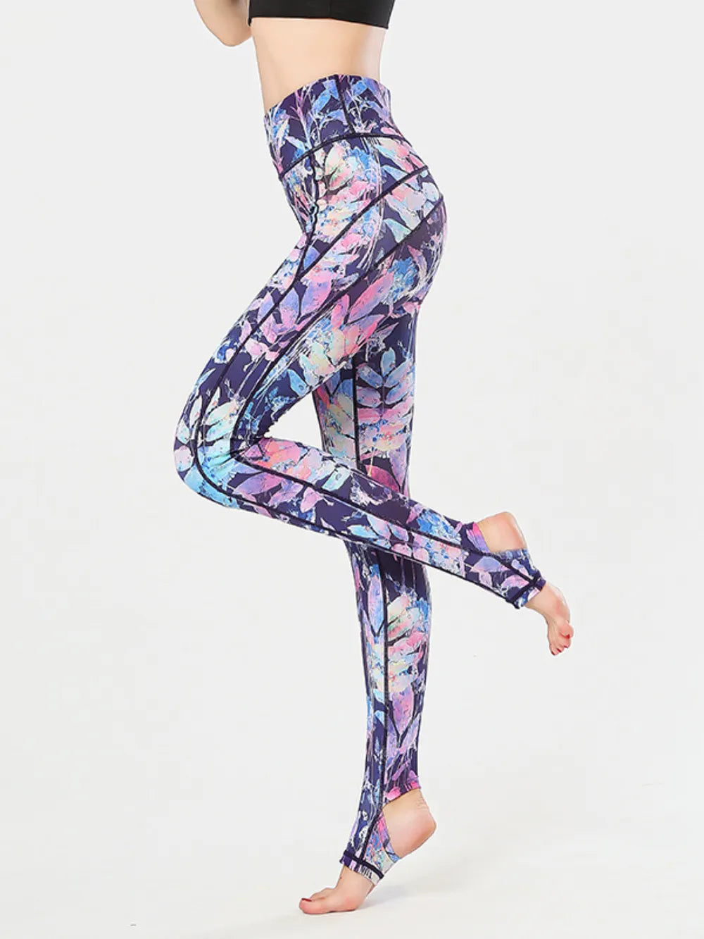 Printed Wide Waistband Active Leggings with Stirrups - cas7m