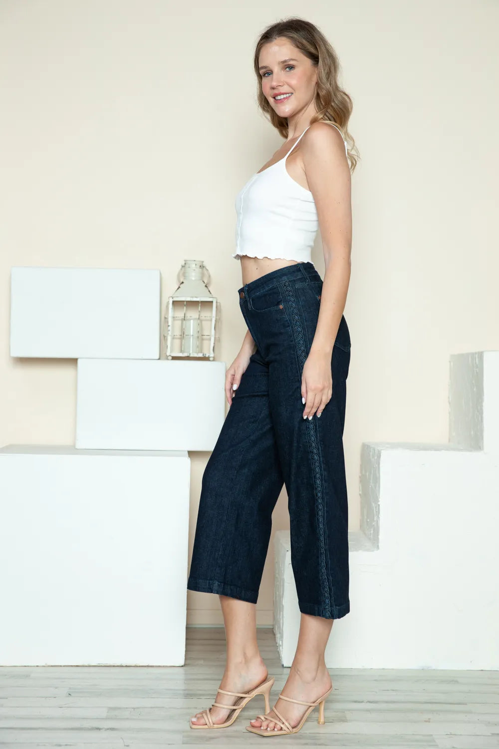 Judy Blue Full Size Side Seam Braid Detail Crop Wide Leg Jeans - cas7m