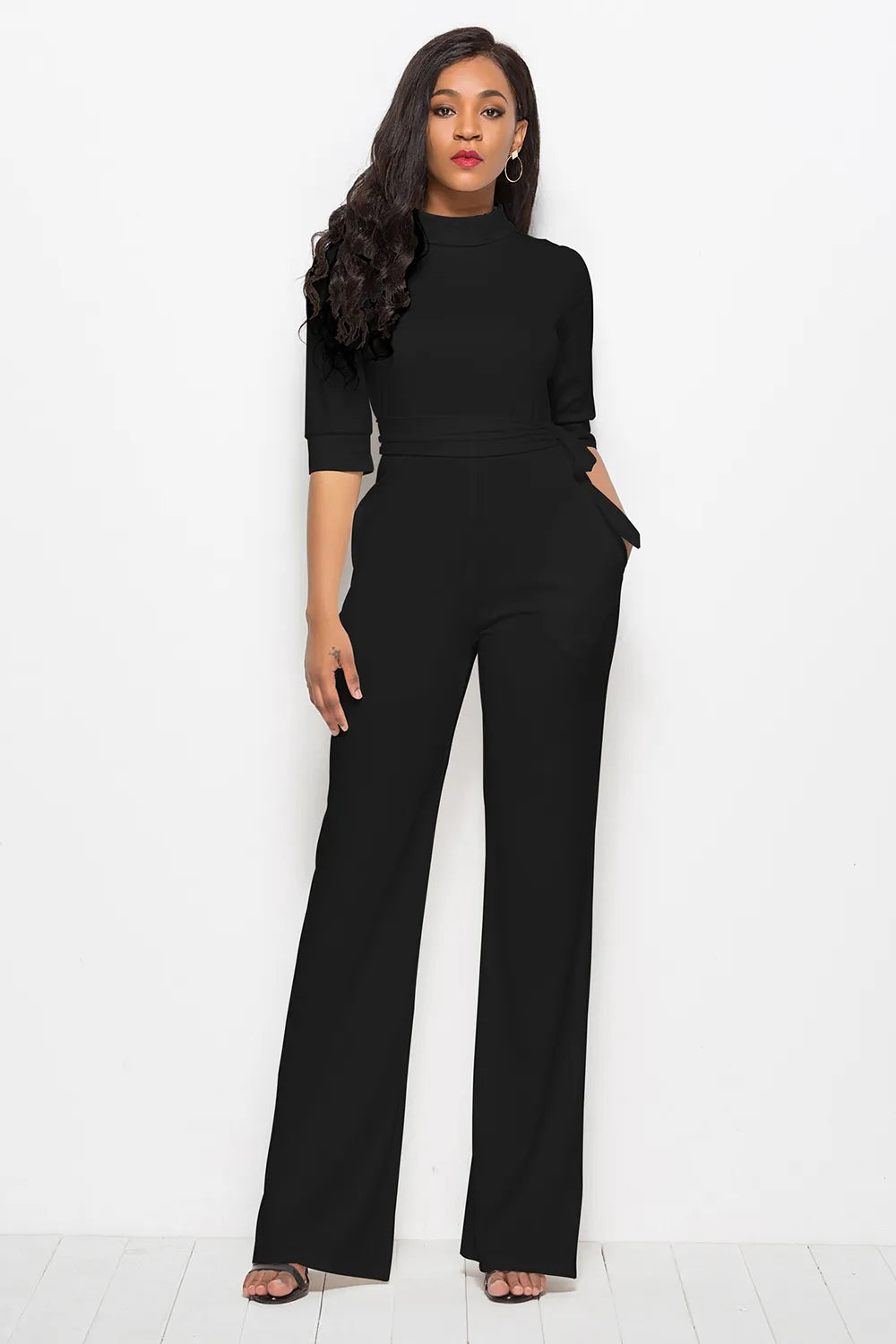 Mock Neck Tie-Waist Half Sleeve Jumpsuit - cas7m