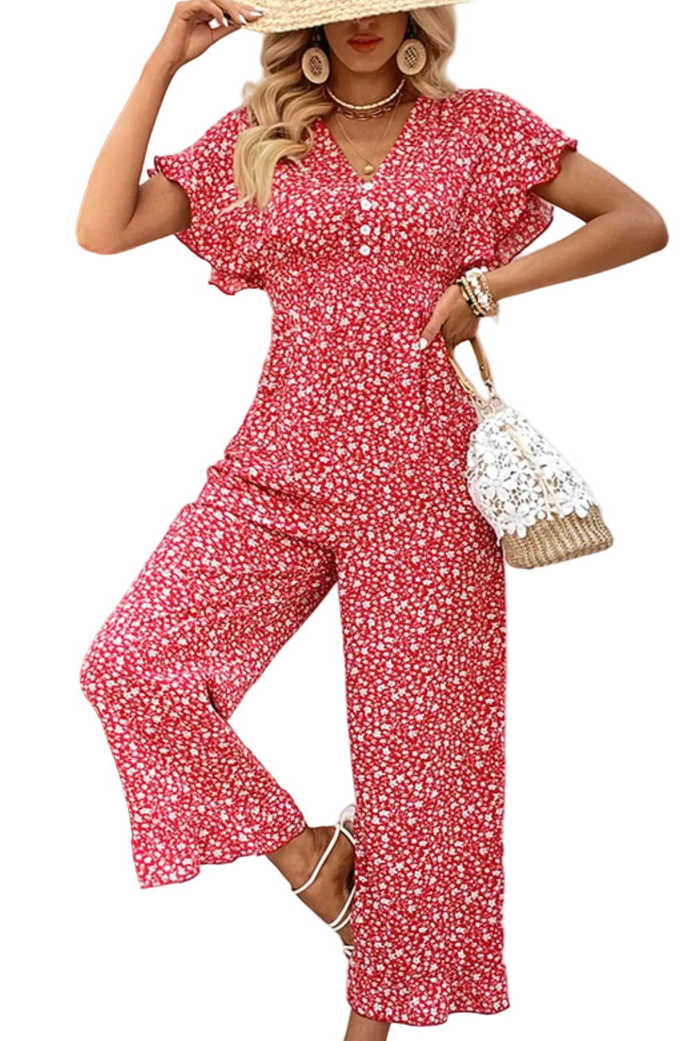 Perfee Printed Tie Back Ruffled Jumpsuit - cas7m