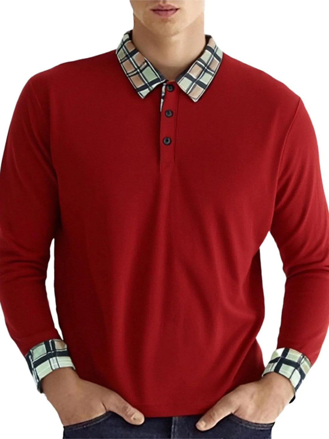 Men's Long Sleeve Plaid Collar Polo Shirt - cas7m