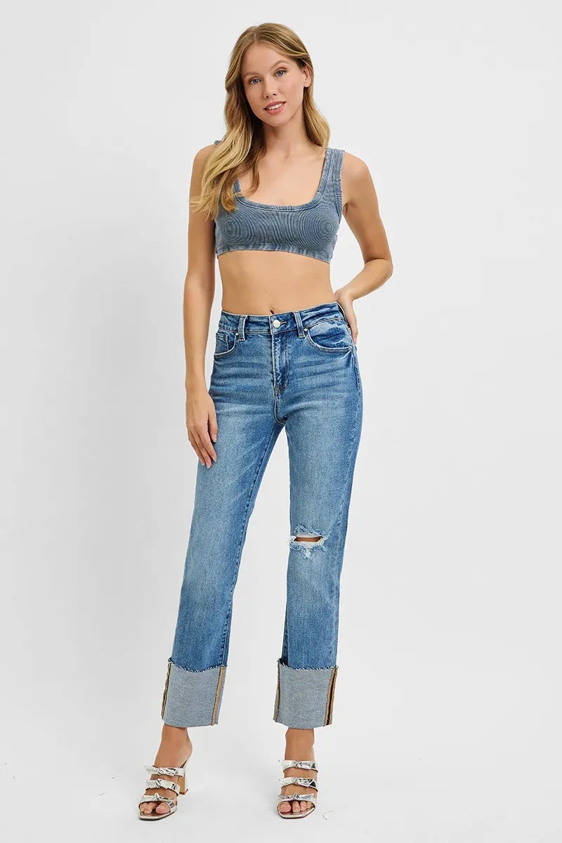 RISEN Full Size High Rise Ankle Straight Wide Cuffed Jeans Plus Size - cas7m