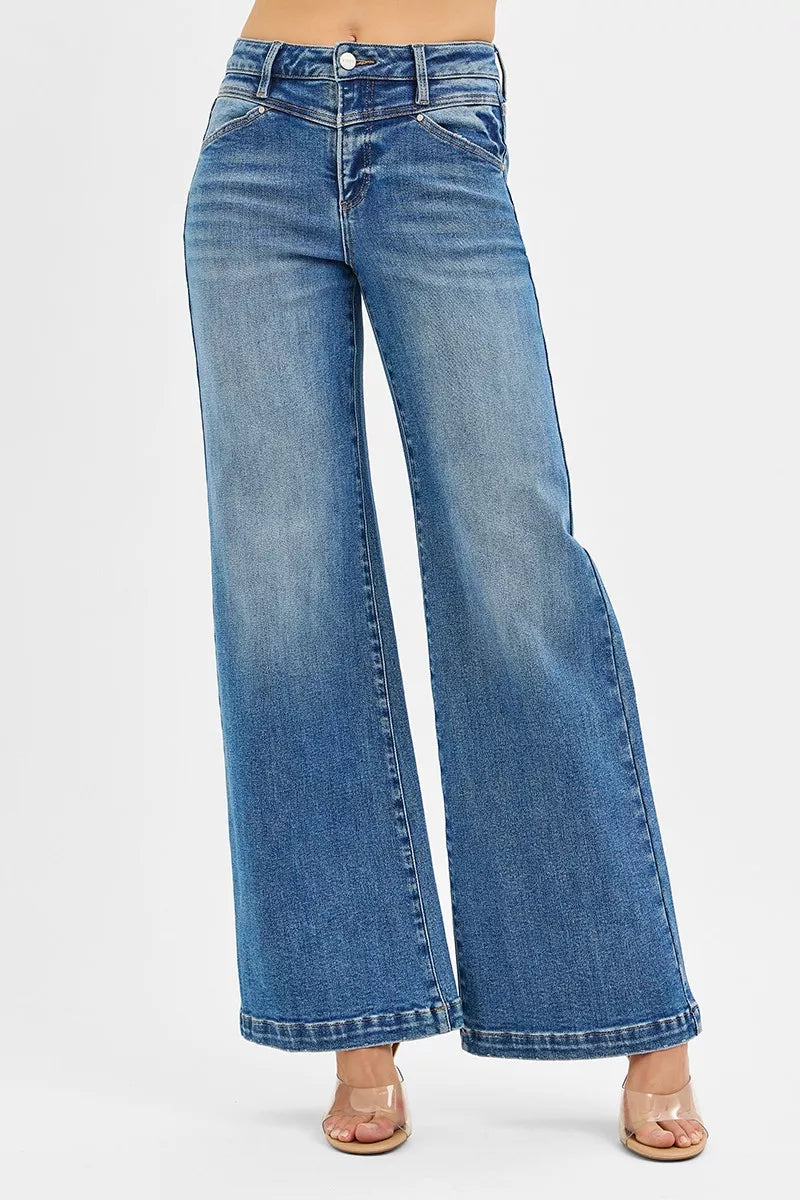 RISEN High Rise Wide Leg Jenas with Front Yoke and Heart Back Pocket - cas7m