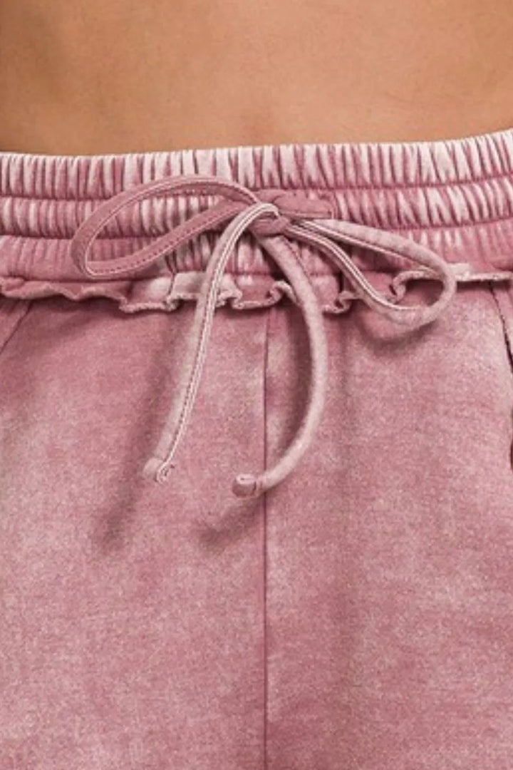 Zenana Acid Wash Fleece Drawstring Shorts With Pockets - cas7m