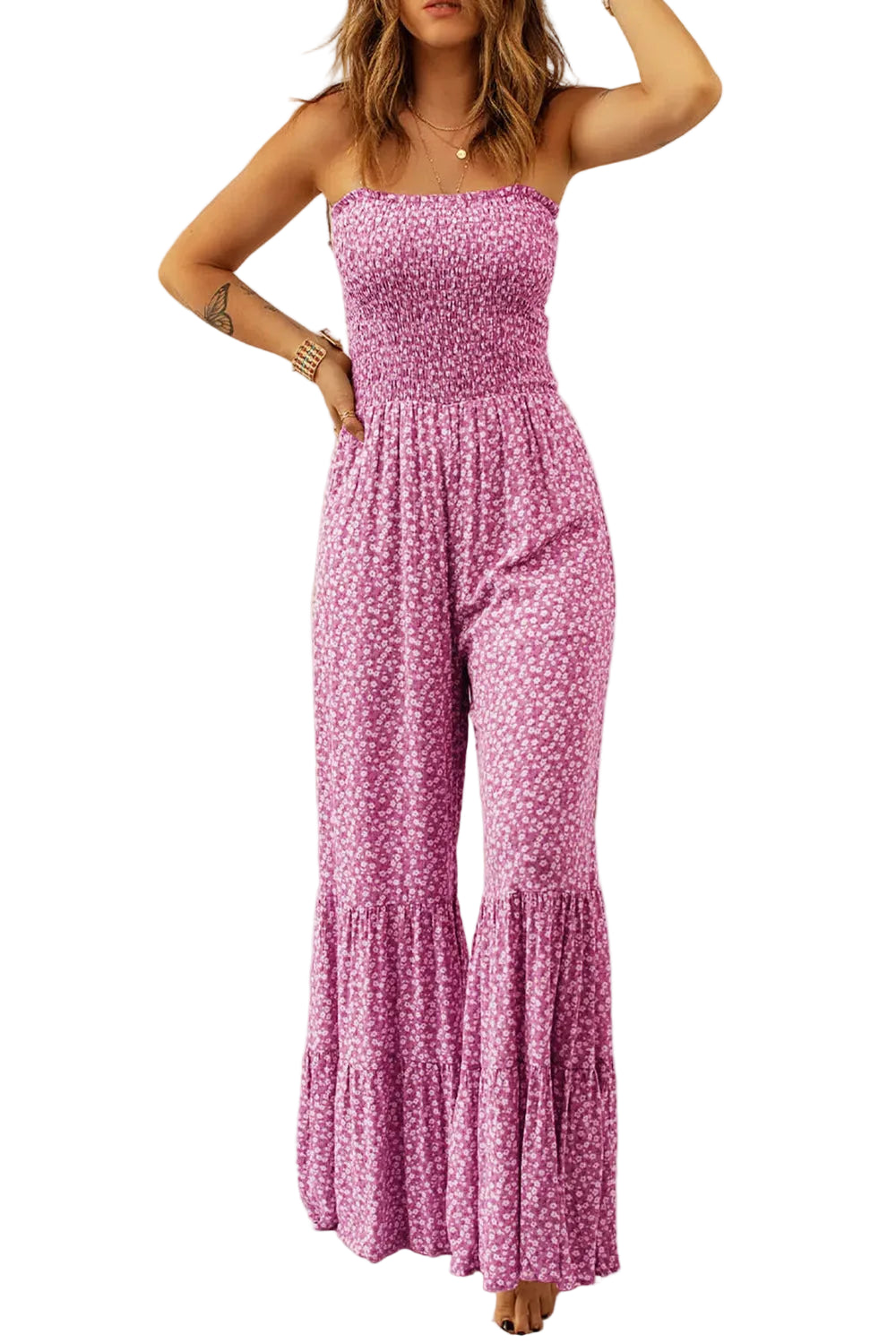 Smocked Printed Wide Strap Jumpsuit - cas7m