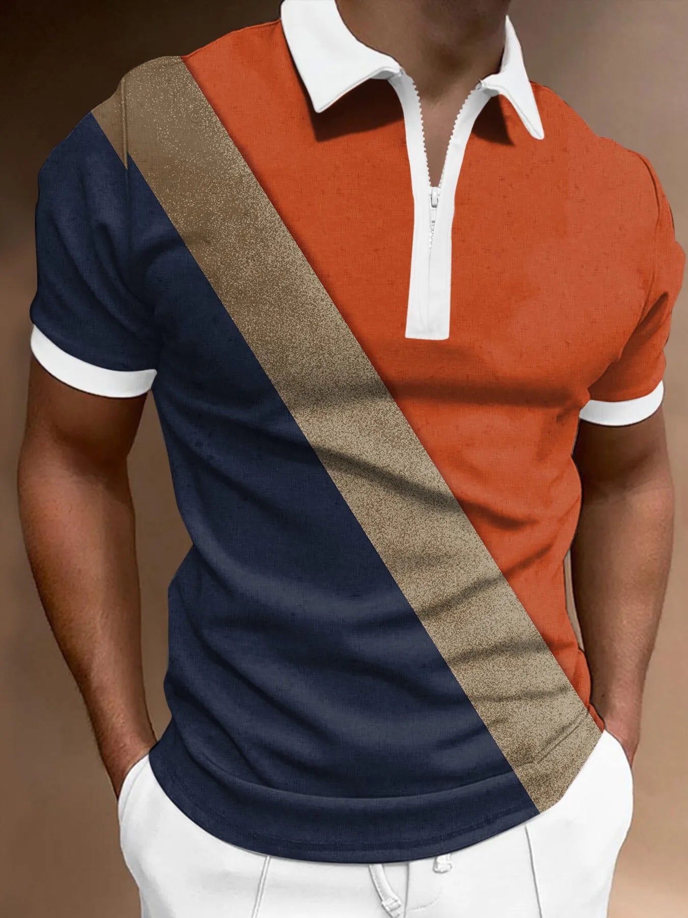 Men's Full Size Color Block Zipper Polo Shirt Plus Size - cas7m