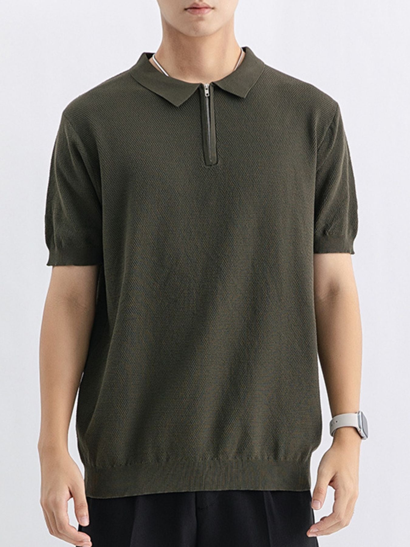 Men's Plus Size Textured Knit Zip-Up Polo - cas7m