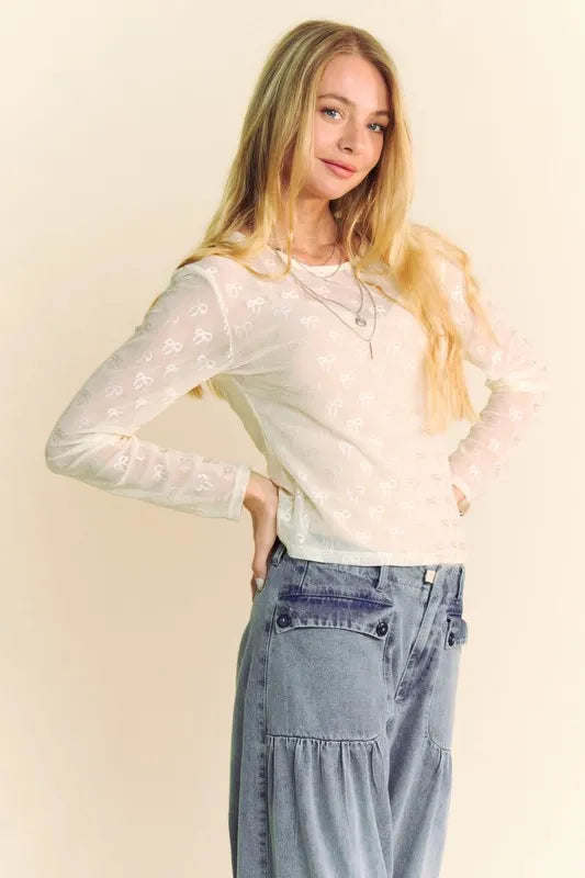 Davi & Dani Bow Mesh Round Neck Long Sleeve Top - cas7m