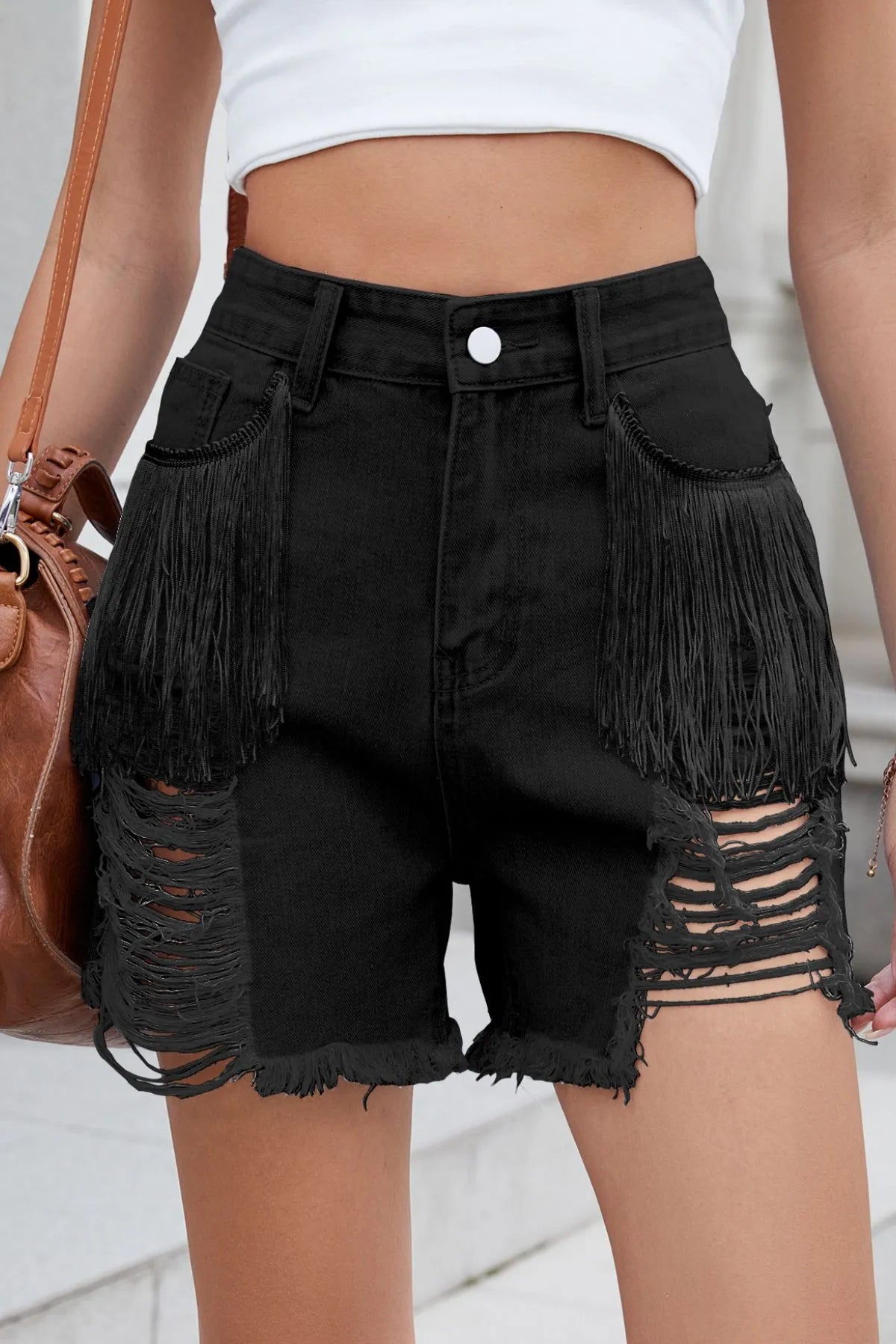 Distressed Fringe Denim Shorts - cas7m