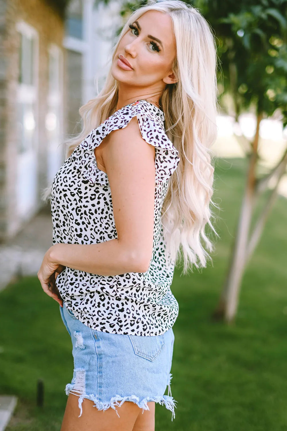 Leopard Ruffled Notched Tank - cas7m