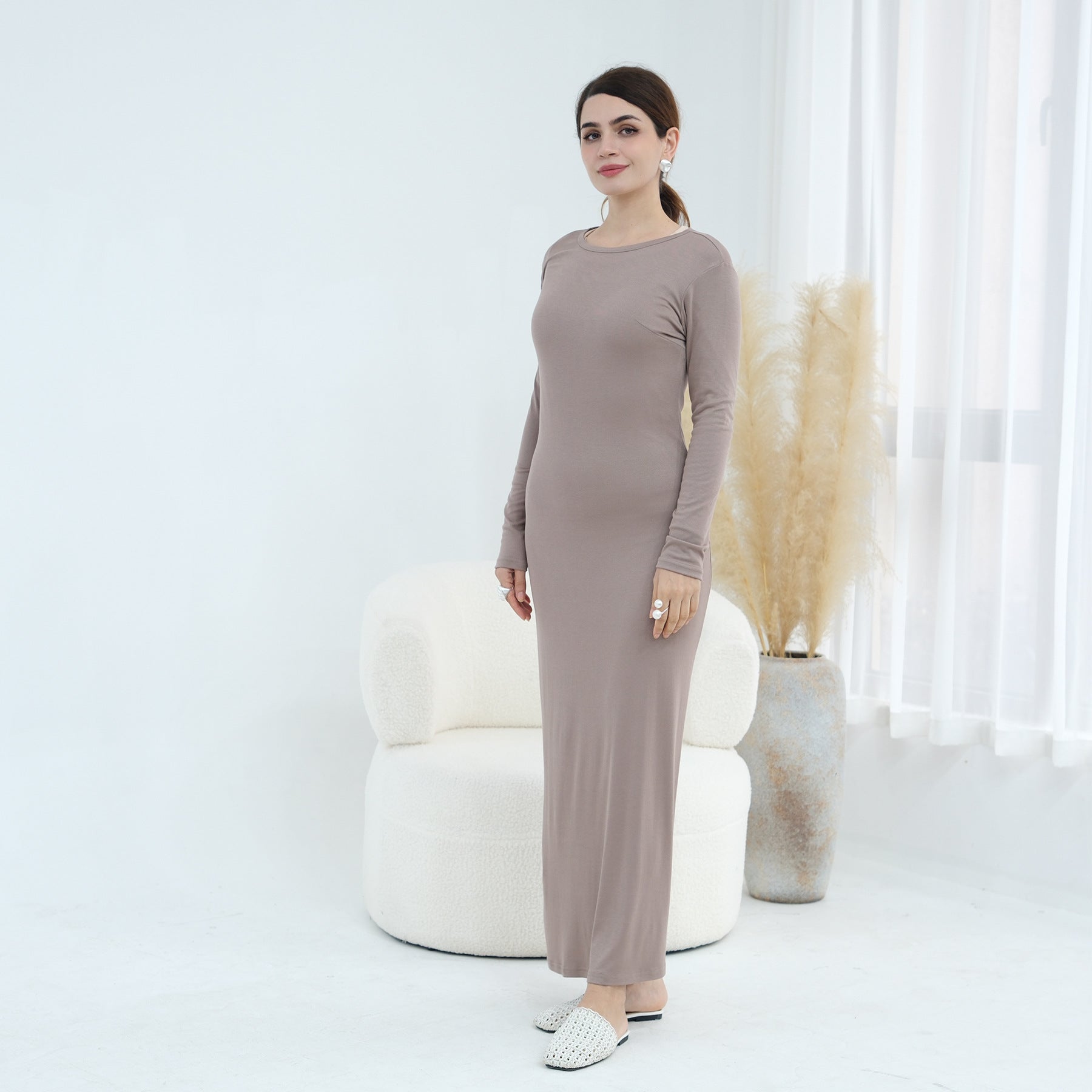 Plus-size Stretchy Long-sleeve Slip Dress - cas7m