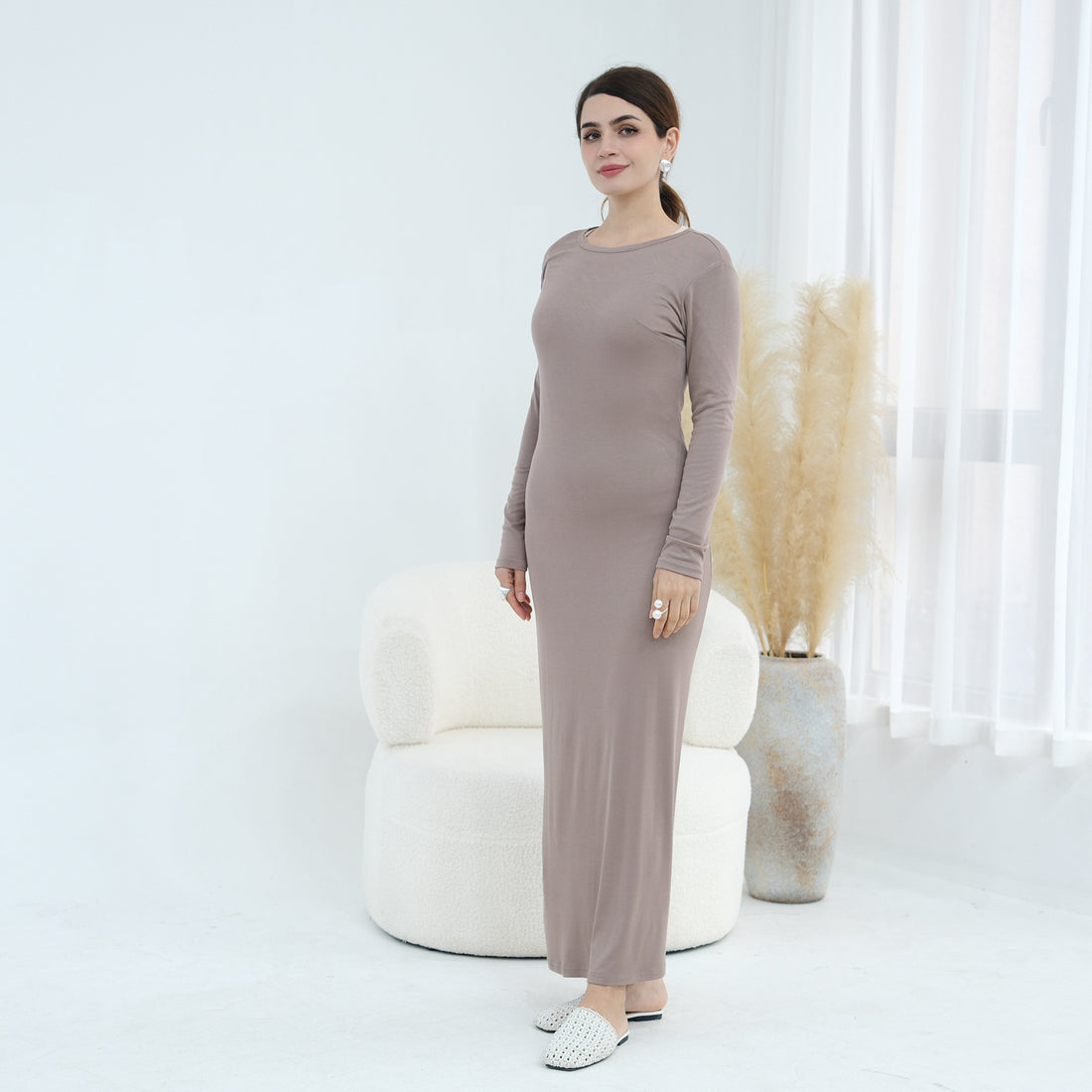 Plus-size Stretchy Long-sleeve Slip Dress - cas7m