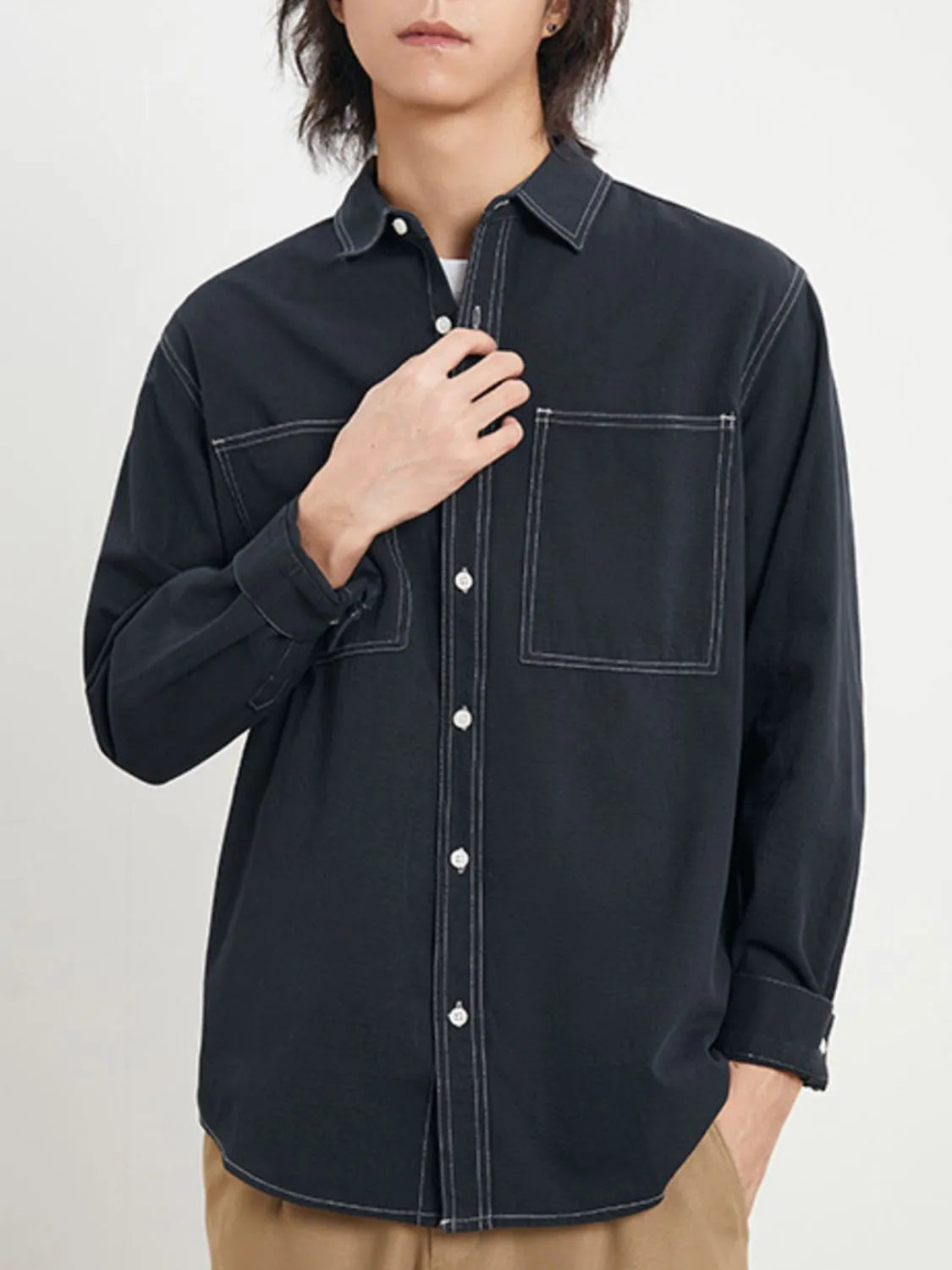 Men's Plus Size Button Up Long Sleeve Shirt - cas7m