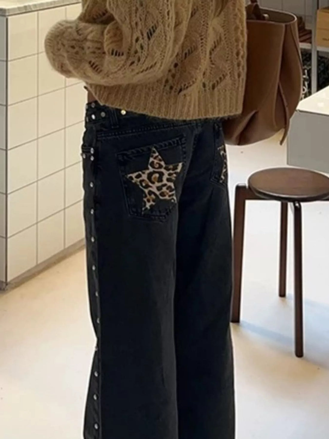 Leopard Star Patches Wide Leg Jeans - cas7m