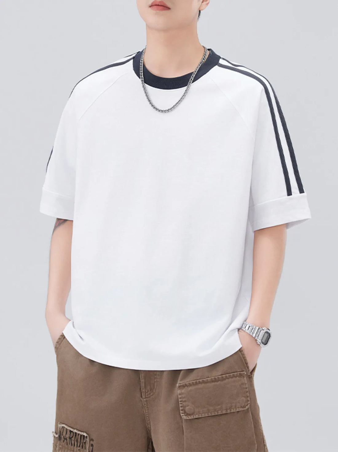 Men's Plus Size Striped Trim Casual T-Shirt - cas7m