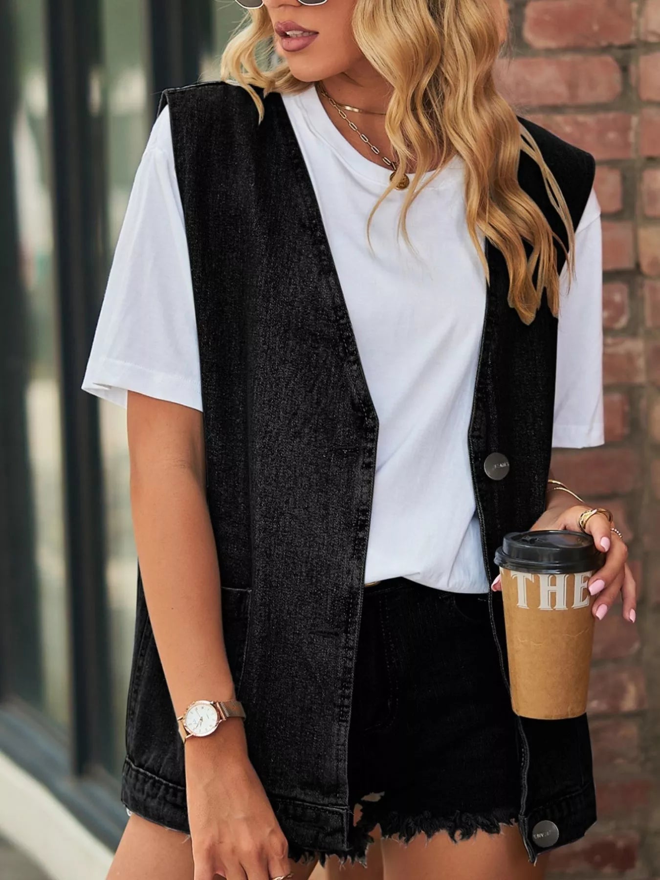 Sleeveless Button-Down Denim Jacket Vest - cas7m