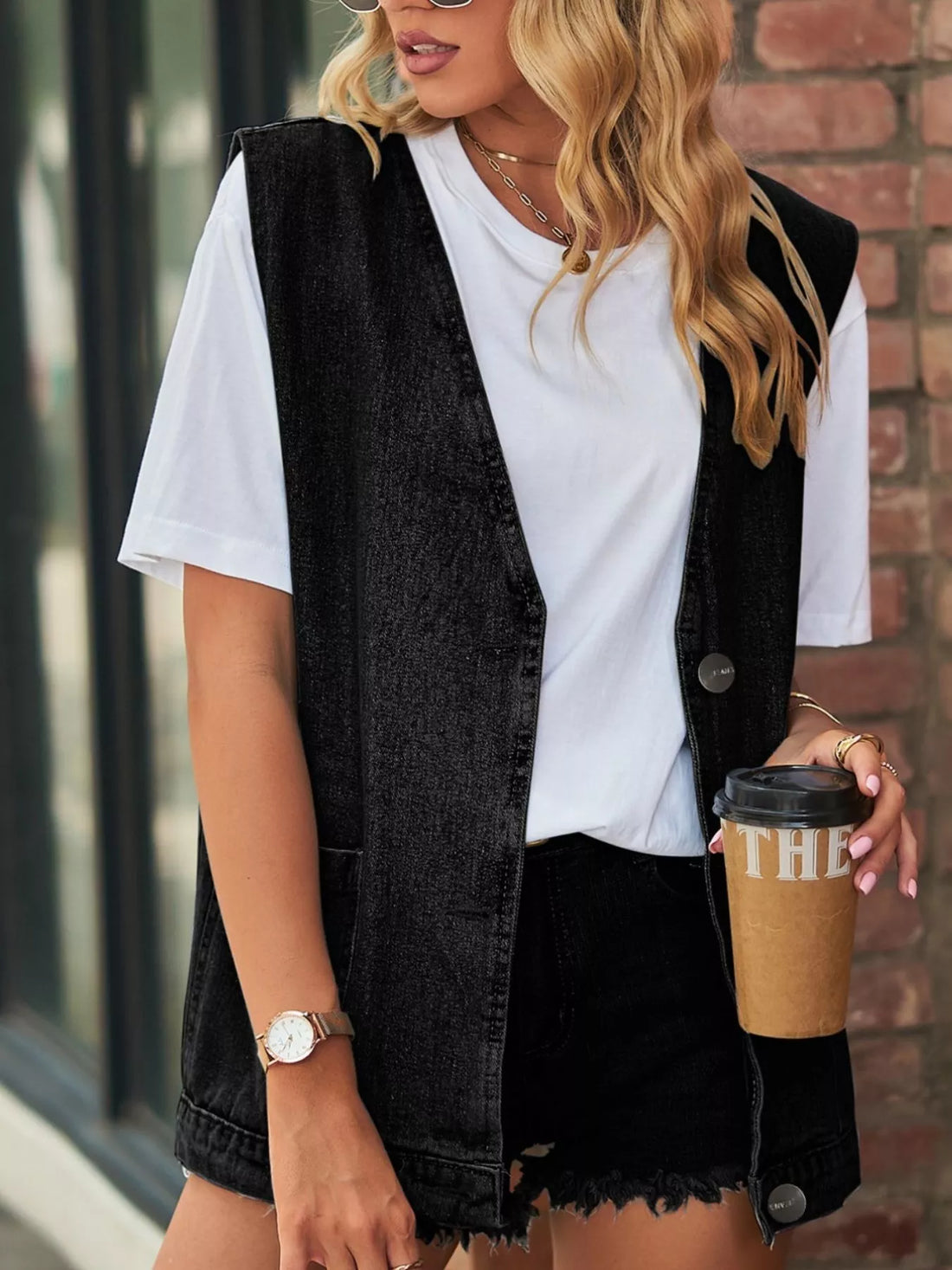 Sleeveless Button-Down Denim Jacket Vest - cas7m