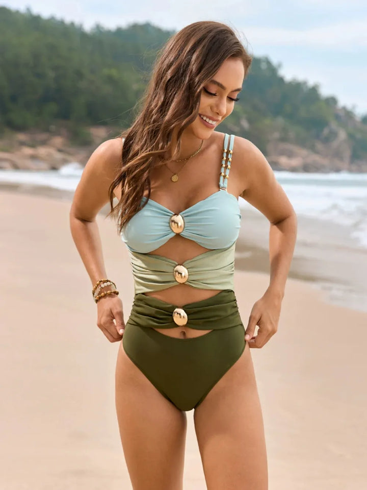 Color Block Sweetheart Neck One-Piece Swimwear - cas7m