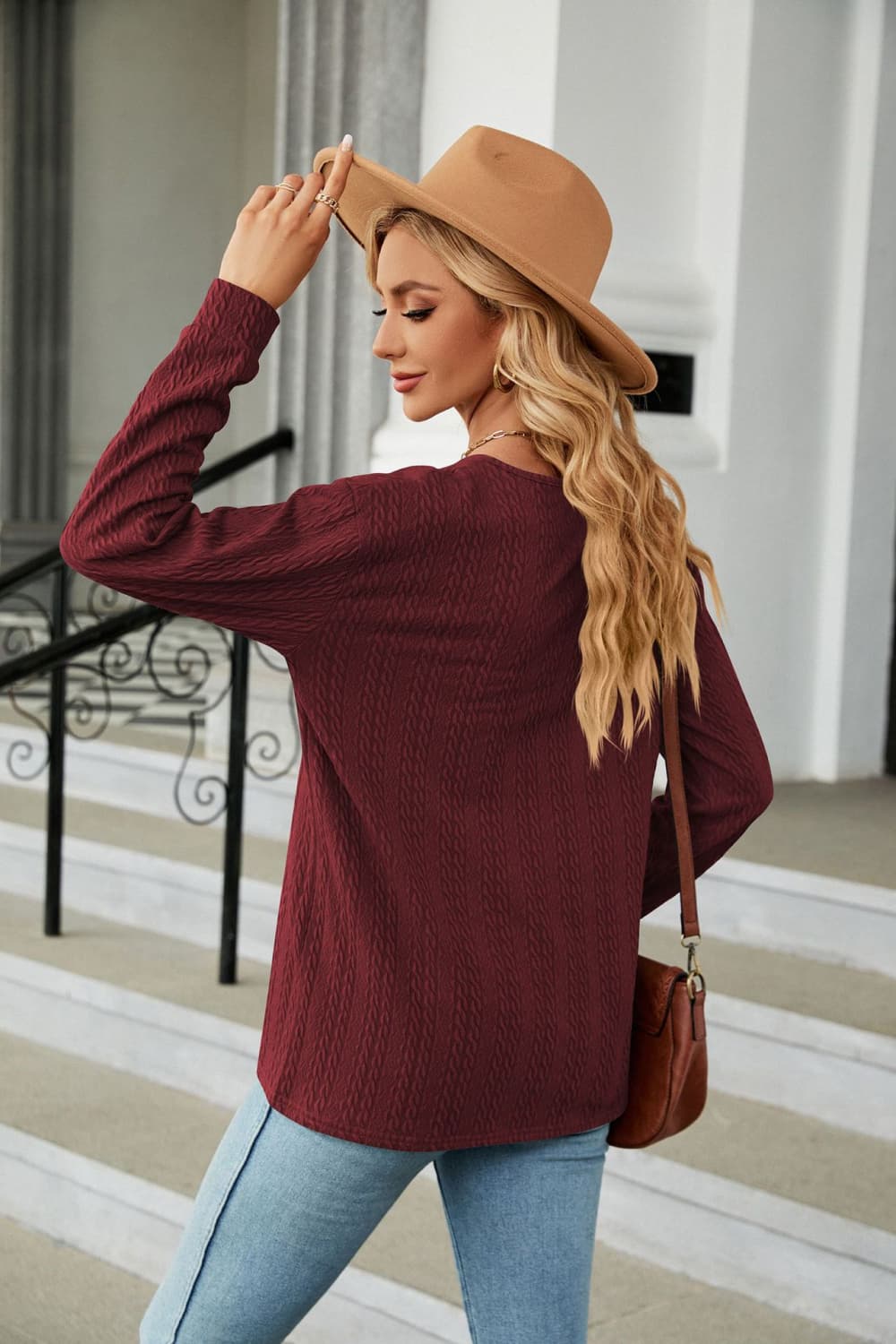Decorative Button V-Neck Long Sleeve T-Shirt - cas7m