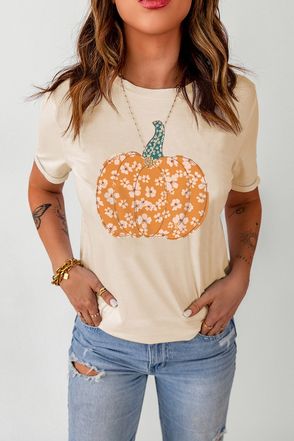 Pumpkin Graphic Round Neck Cuffed T-Shirt - cas7m