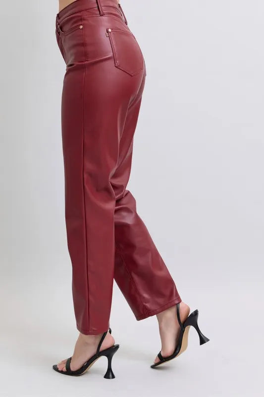 Judy Blue Full Size High Waist Tummy Control Faux Leather Straight Pants Plus Size - cas7m