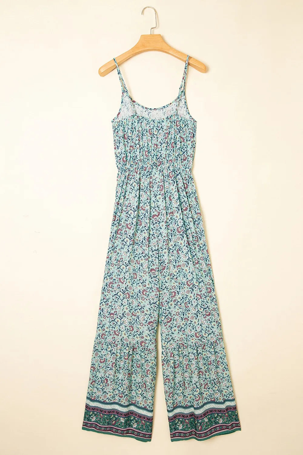 Bohemian Floral Ruffle Bottom Spaghetti Strap Jumpsuit - cas7m