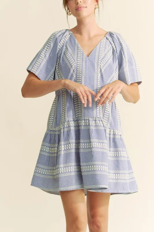 Davi & Dani Embroidered Stripe Ruffled Gingham Mini Dress - cas7m