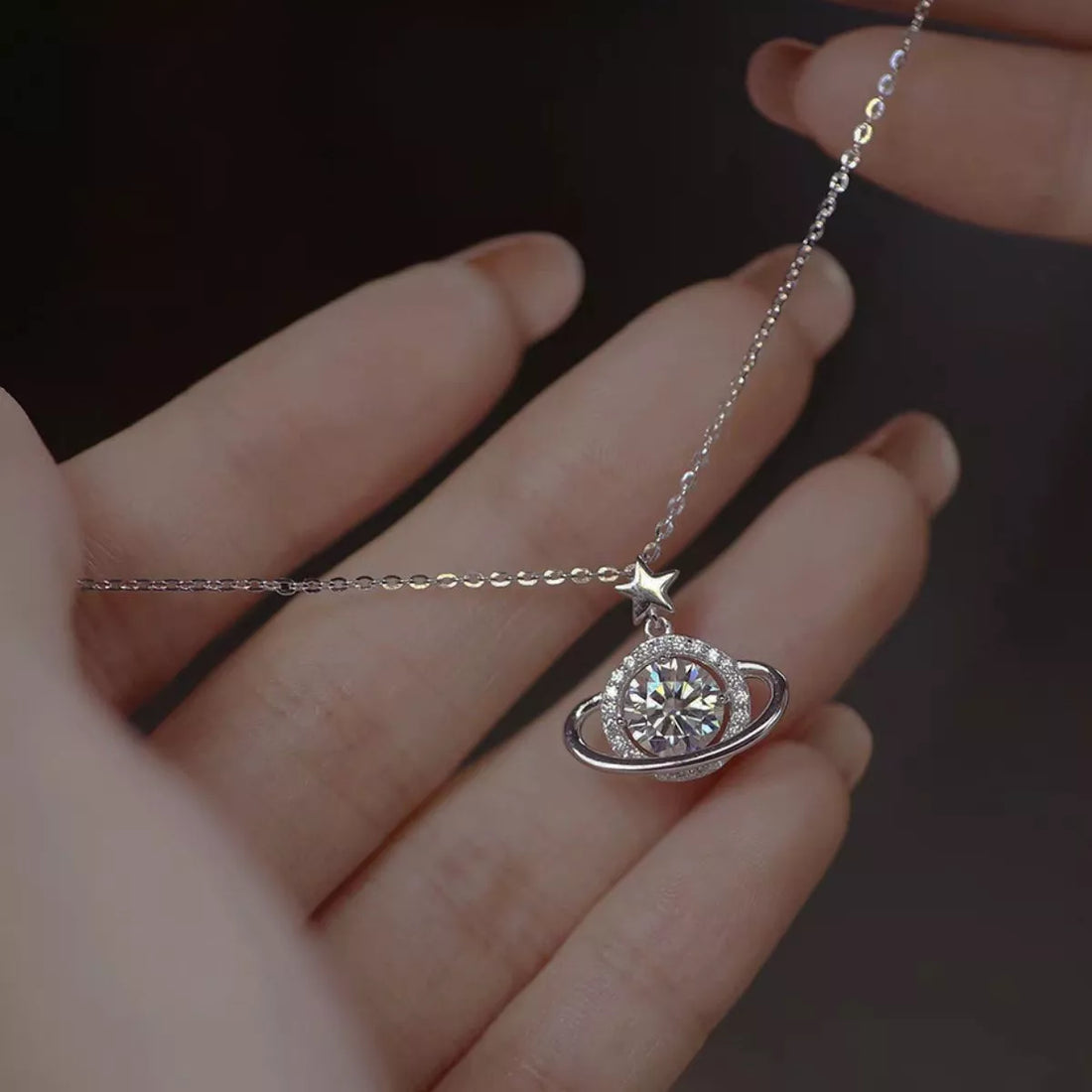 1 Carat 925 Sterling Silver Moissanite Planet Pendant Necklace - cas7m