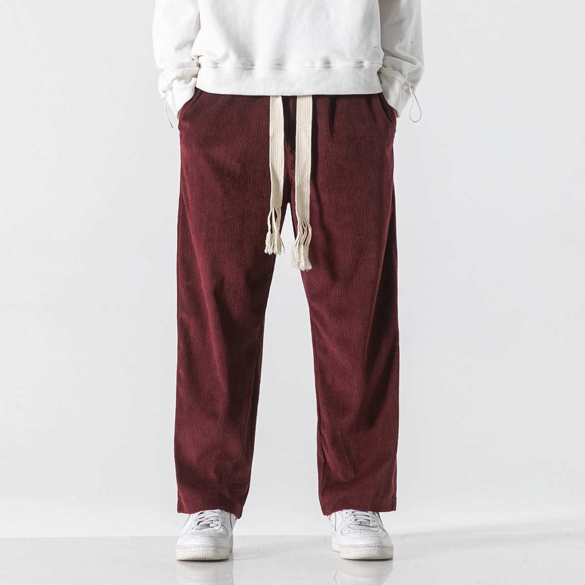 Mens Corduroy Trendy Pants With Braided Drawstring - cas7m