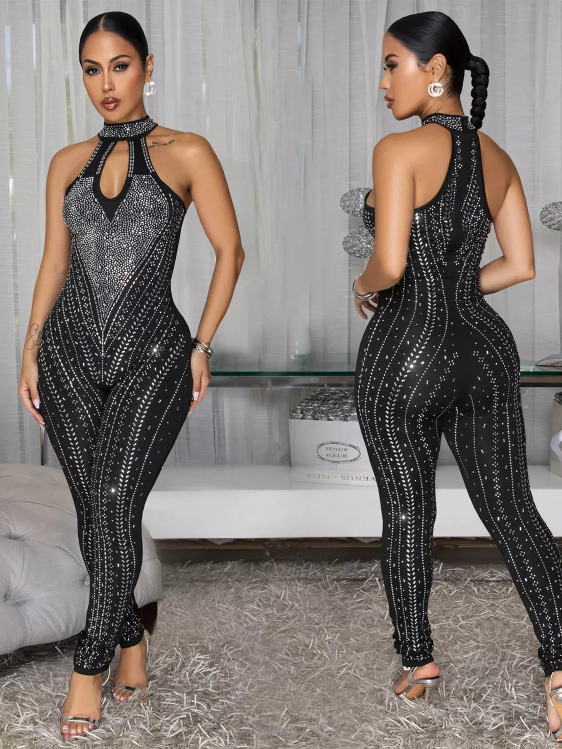 Sparkling Rhinestone Cutout Jumpsuit - cas7m