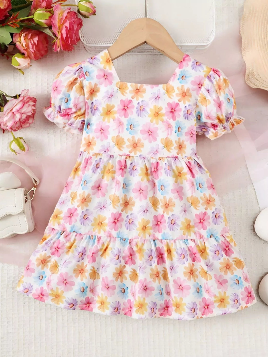 Children's Floral Print Puff Sleeve Ruffle Hem Dress - cas7m