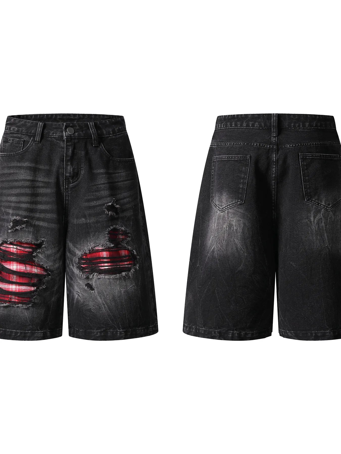 Men's Distressed Denim Shorts with Plaid Patches - cas7m