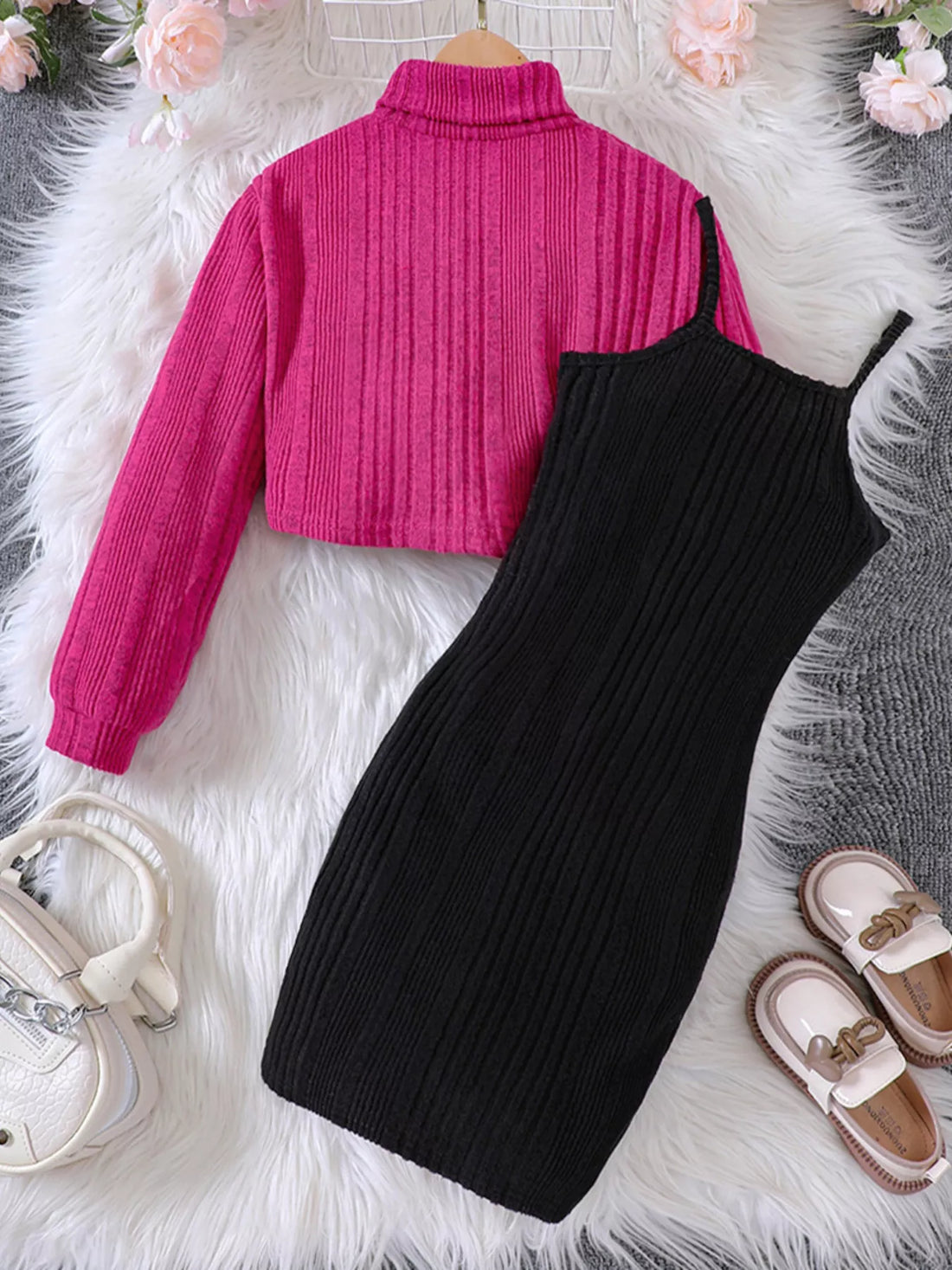 Children's Ribbed Knit Two-Tone Dress Set - cas7m