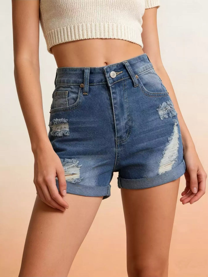 Distressed High-Waisted Denim Shorts - cas7m