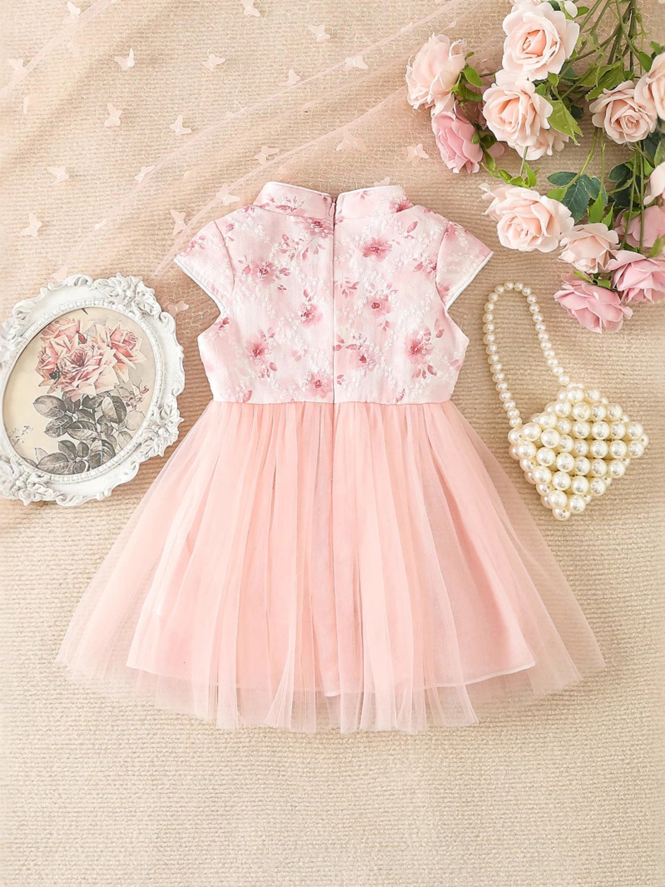 Children's Floral Cap Sleeve Tulle Dress - cas7m