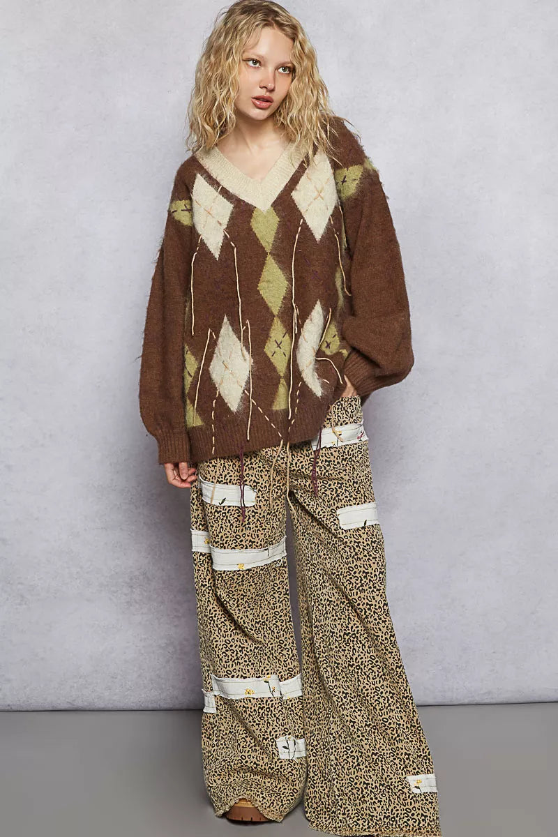 POL V-Neck Argyle Pattern Mohair Sweater with Contrast Exposed Stitch Detail - cas7m