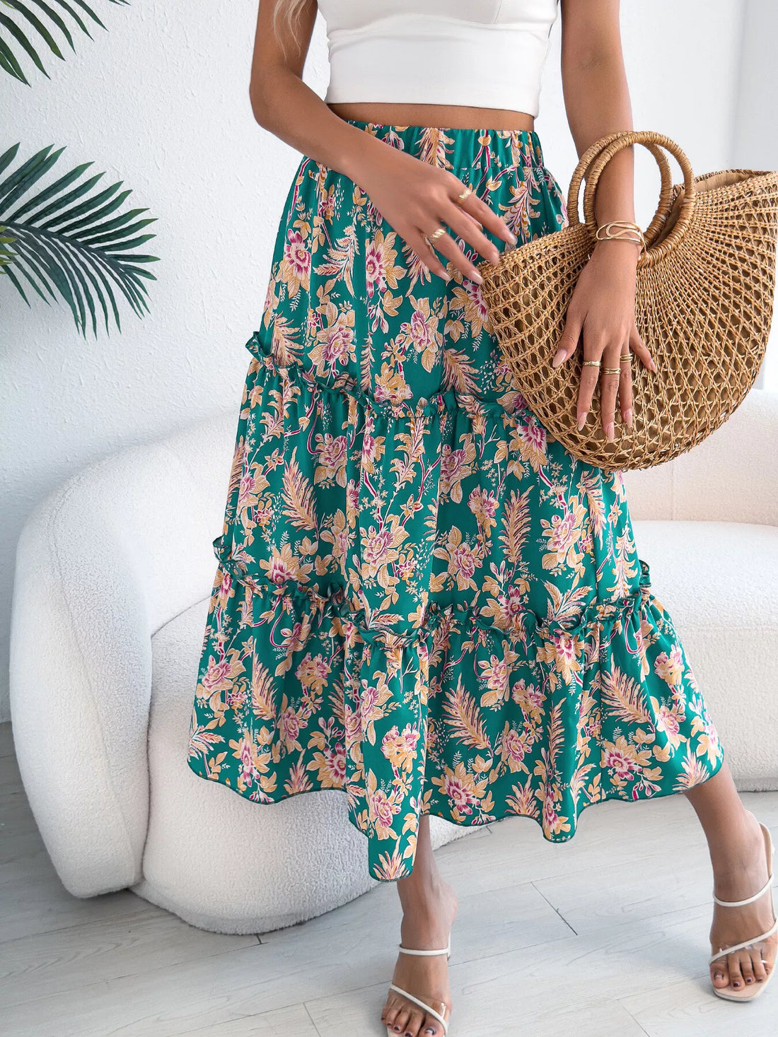 Floral Print Ruffle Hem Flowy Midi Skirt - cas7m