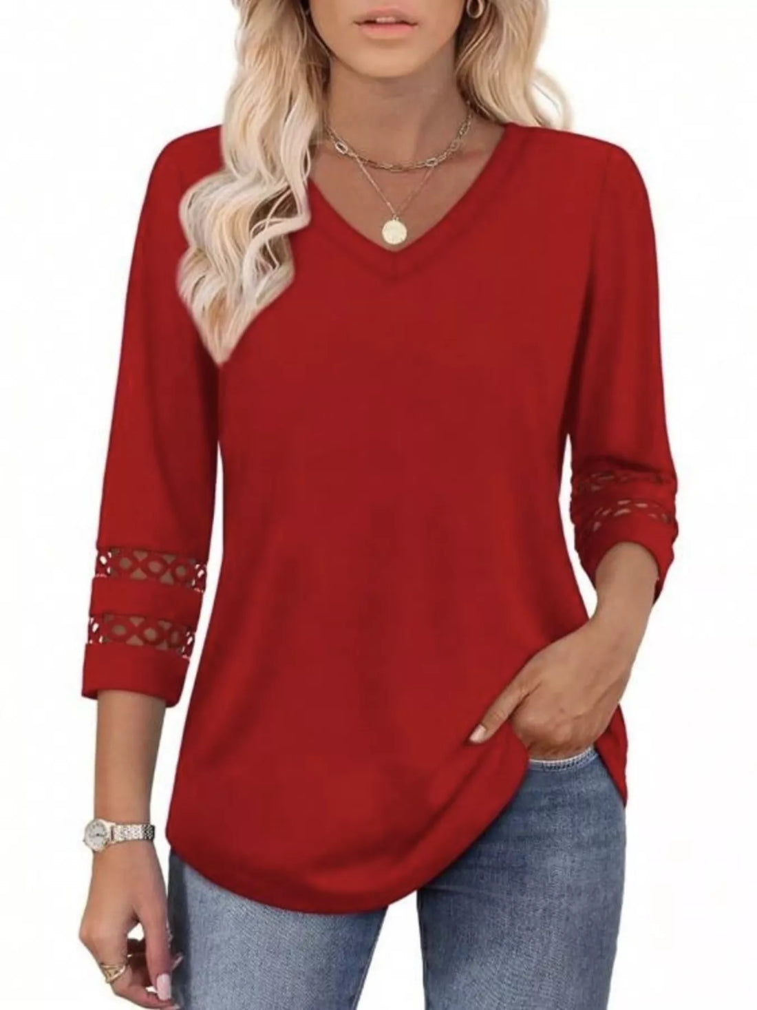 Full Size V-Neck 3/4 Sleeve T-Shirt Plus Size - cas7m