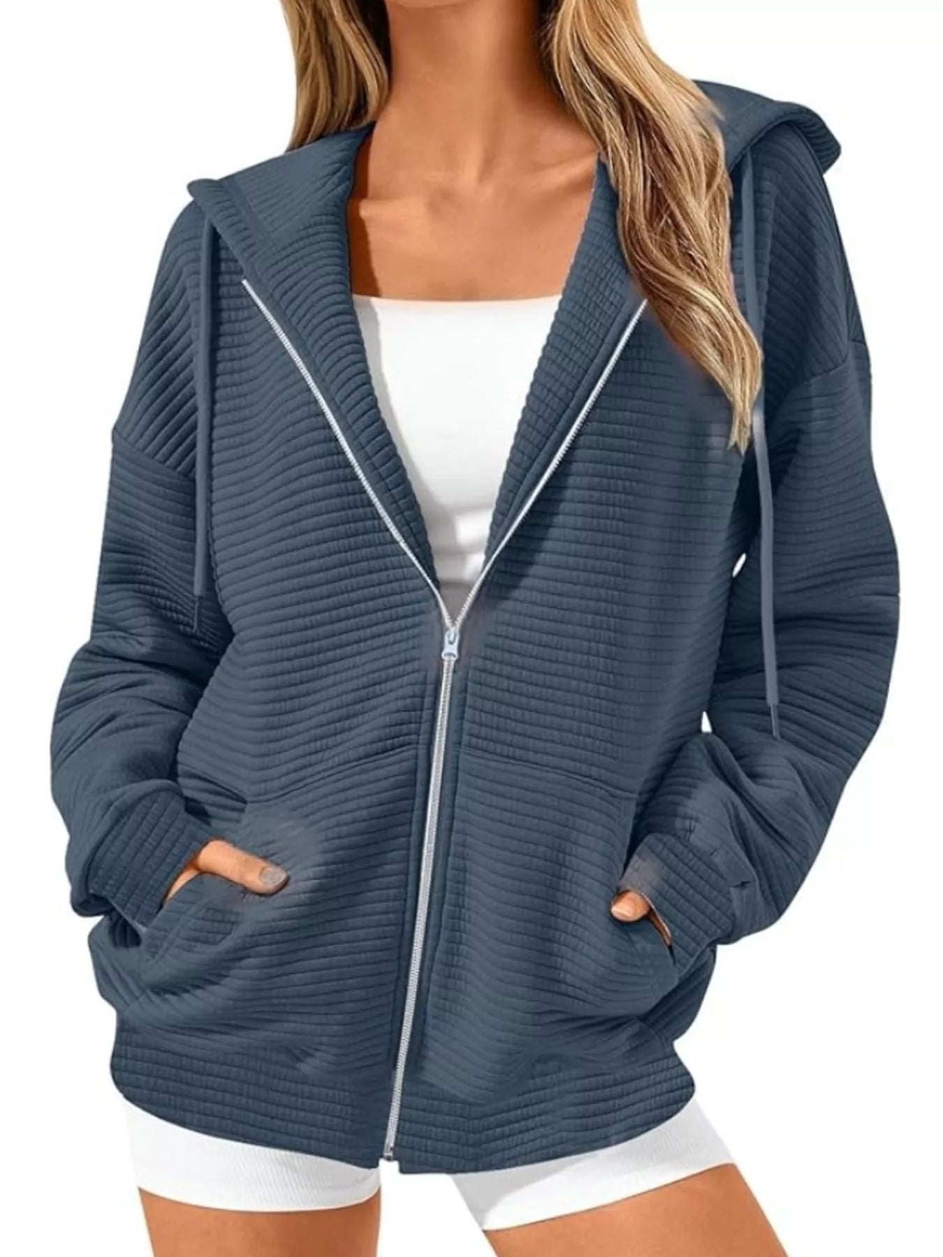 Drawstring Zip Up Dropped Shoulder Hoodie - cas7m