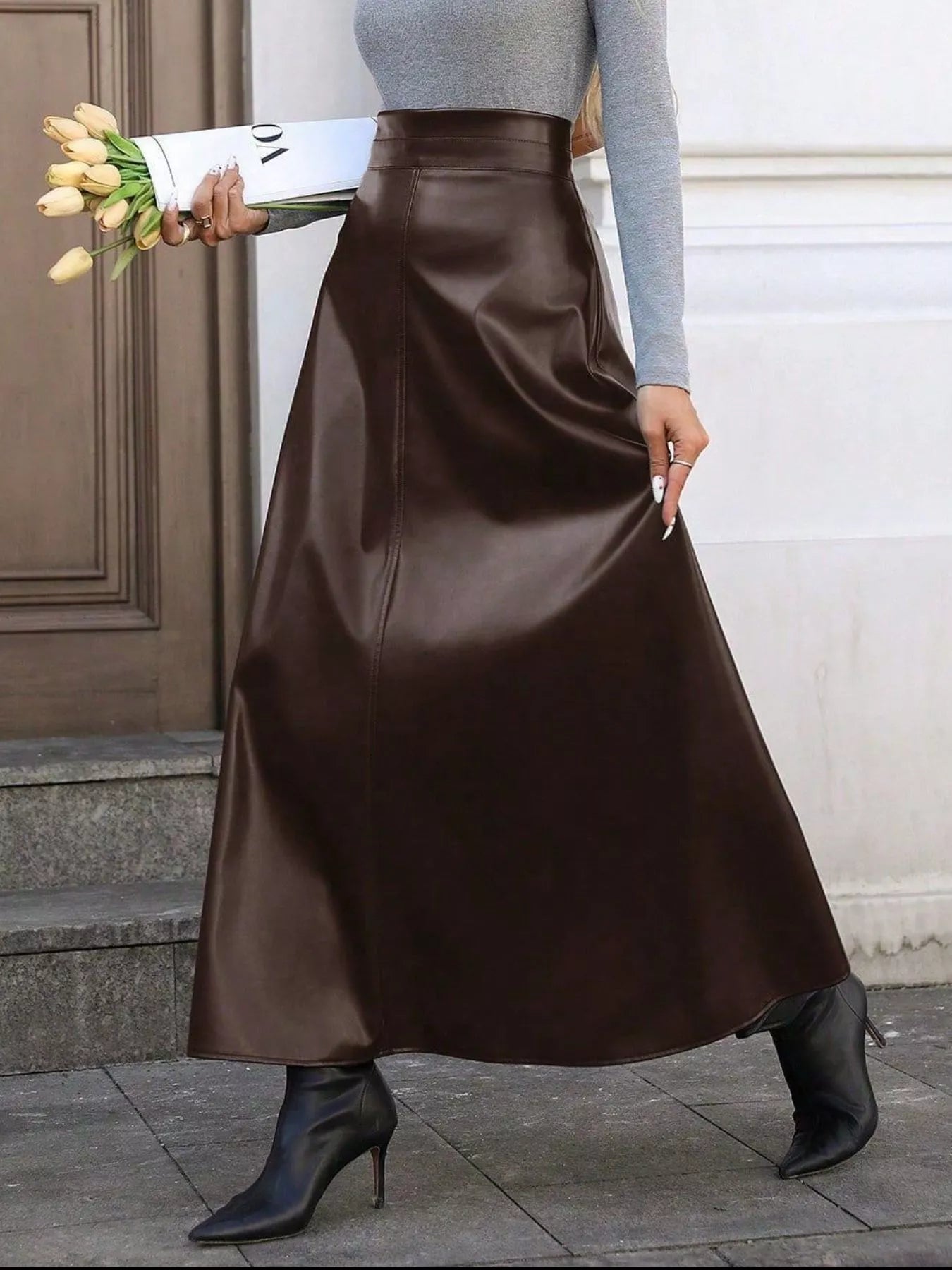Leather A-Line Midi Skirt - cas7m