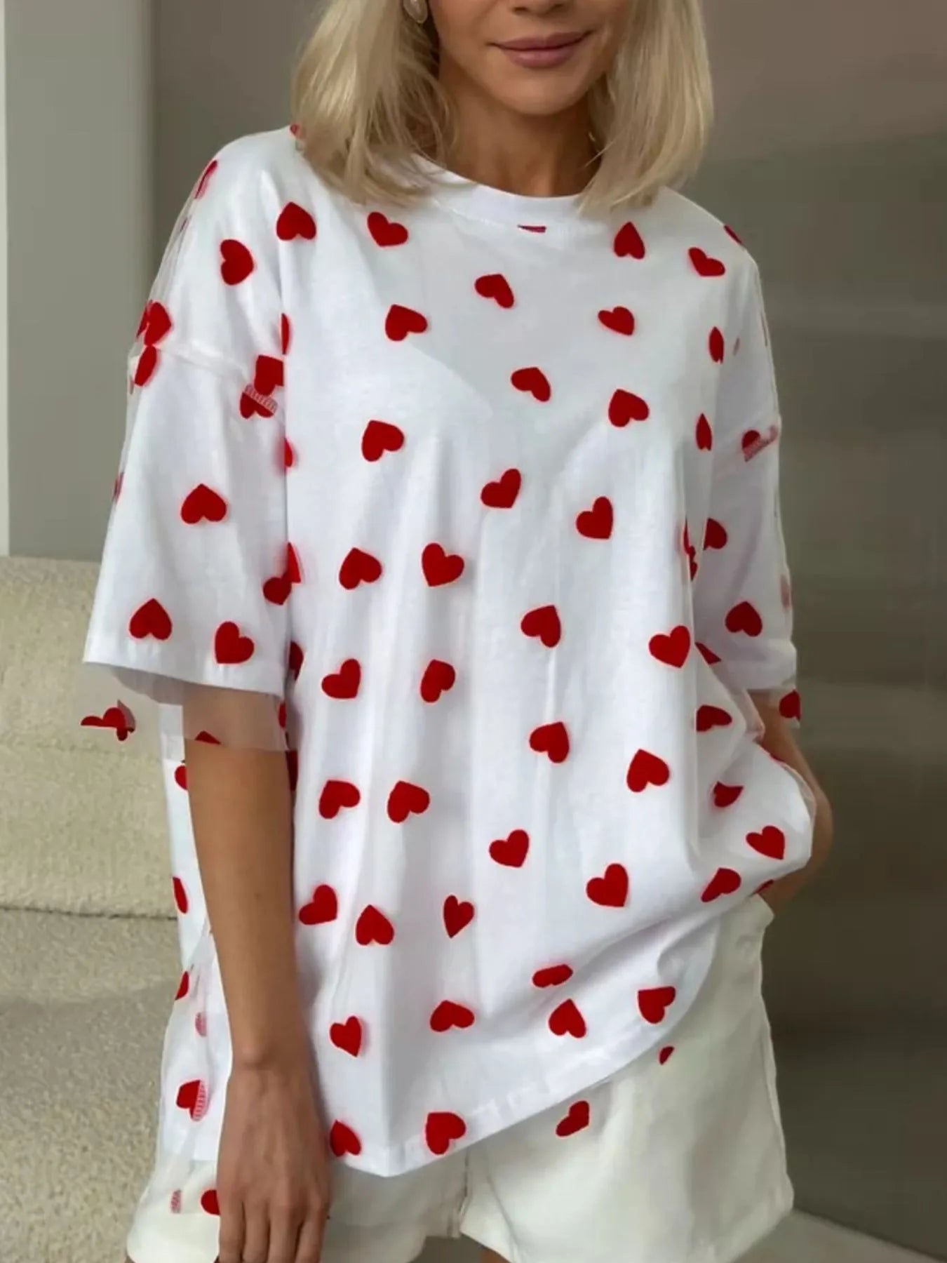 Heart Print Oversized T-Shirt - cas7m