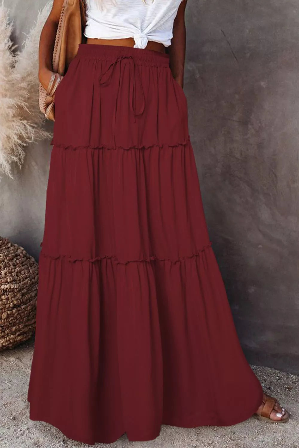 Frilled Flow Tiered Skirt - Drawstring Waist, Polyester Elegance - cas7m