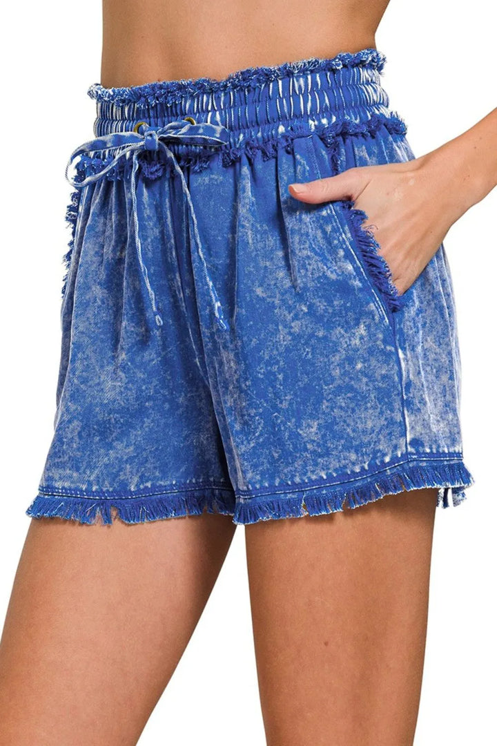 Zenana Mineral Frayed Hem Washed Shorts - cas7m