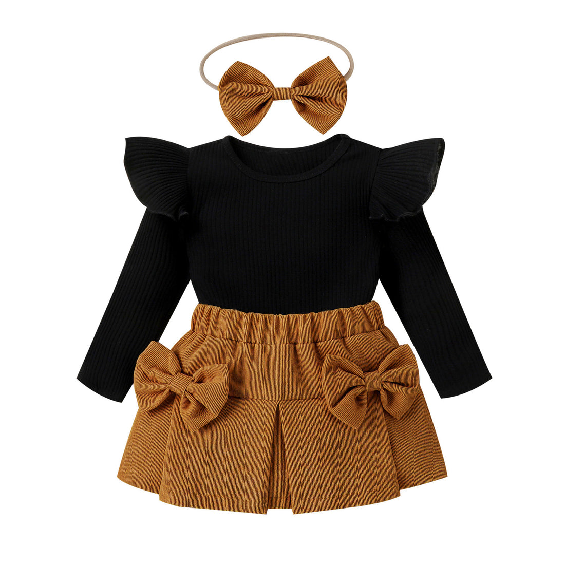 Infant Toddler Lace Bowknot Short Dress With Headdress Three-piece Set - cas7m