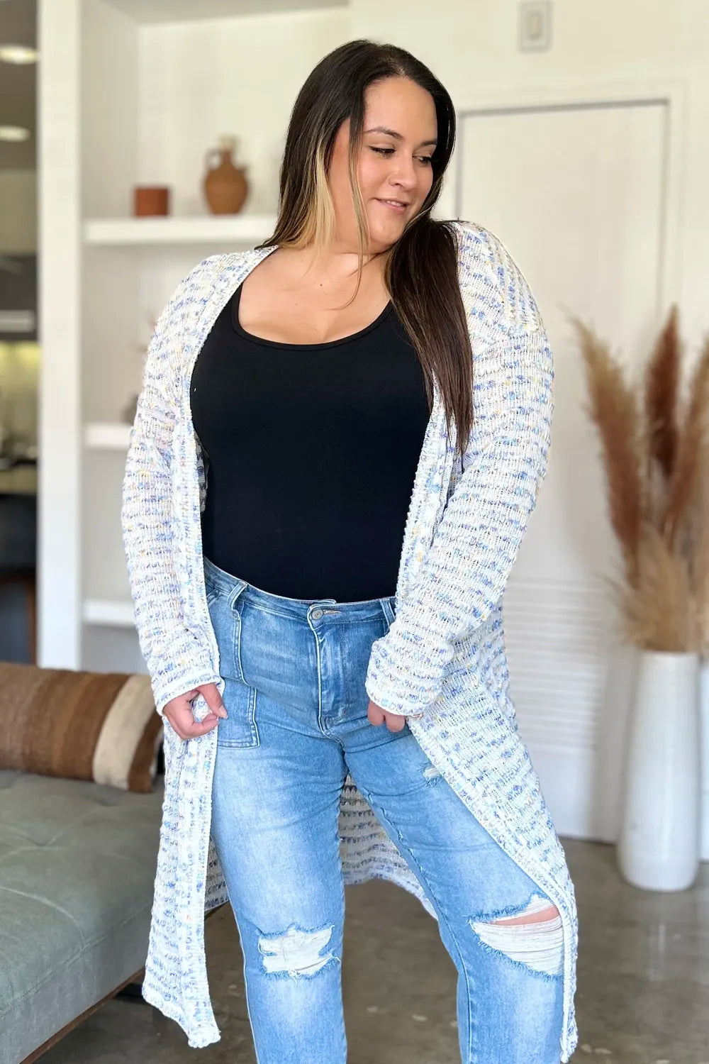 Double Take Full Size Open Front Longline Cardigan - cas7m
