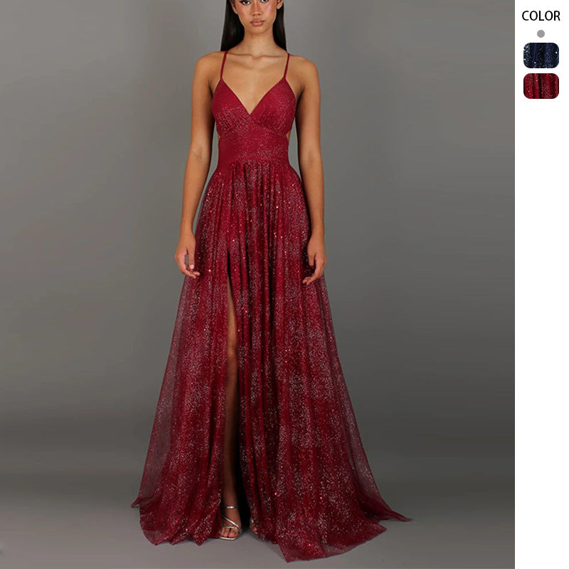 Elegant Womens V-neck Sleeveless Strapless Dress With A Flared Hem High Waist Split Women Long Dresses Party Dress - cas7m