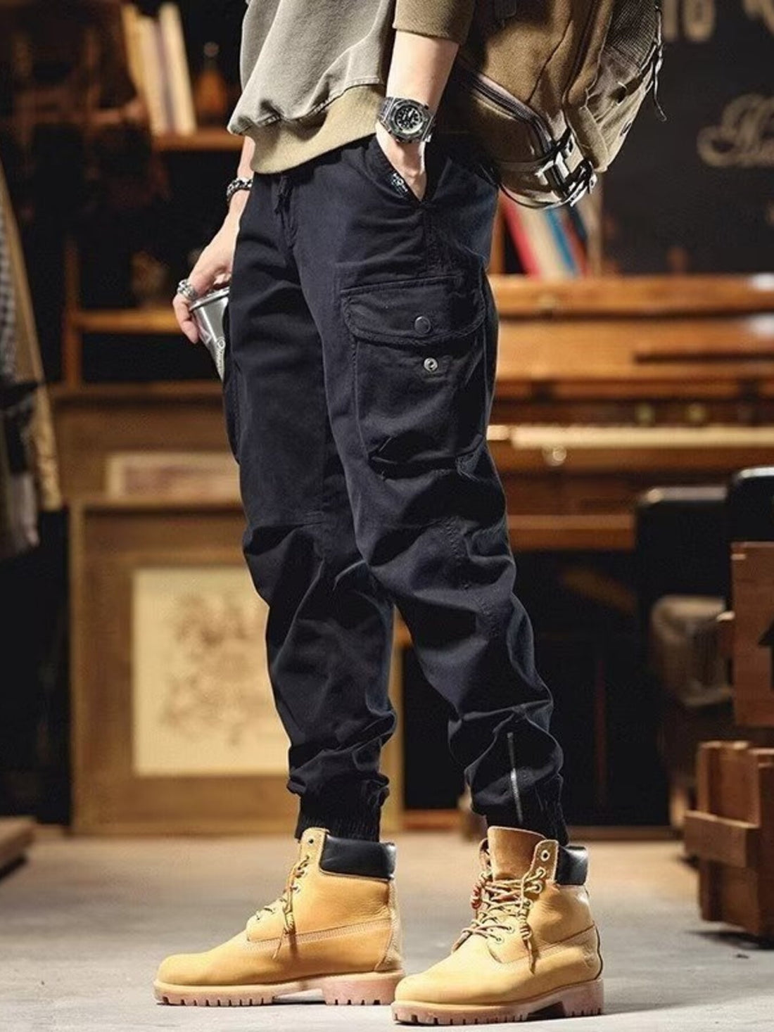 Men's Plus Size Casual Cargo Pants with Elastic Cuff - cas7m