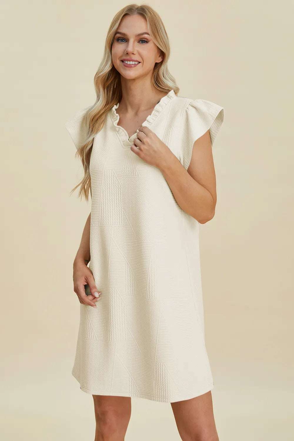 Double Take Full Size Ruffled V-Neck Cap Sleeve Dress - cas7m